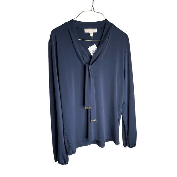 MICHAEL Michael Kors Tops - MICHAEL Michael Kors Tie Neck Top Blouse Long Sleeve Navy Blue Womens Large‎ NWT